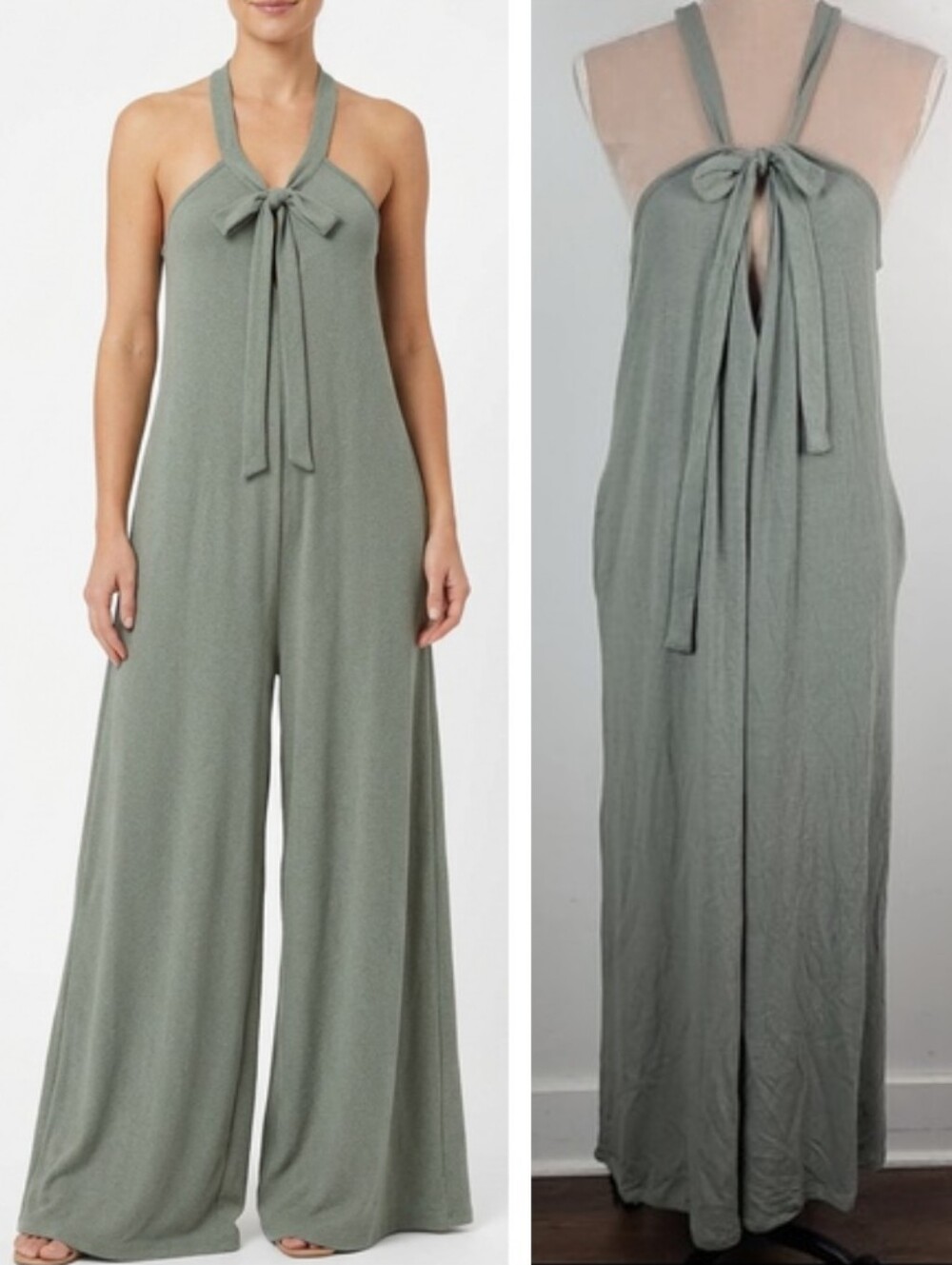 Ces Femme Sage Green Halter Tie Front Tank Wide Leg Jumper Pant Jumpsuit M